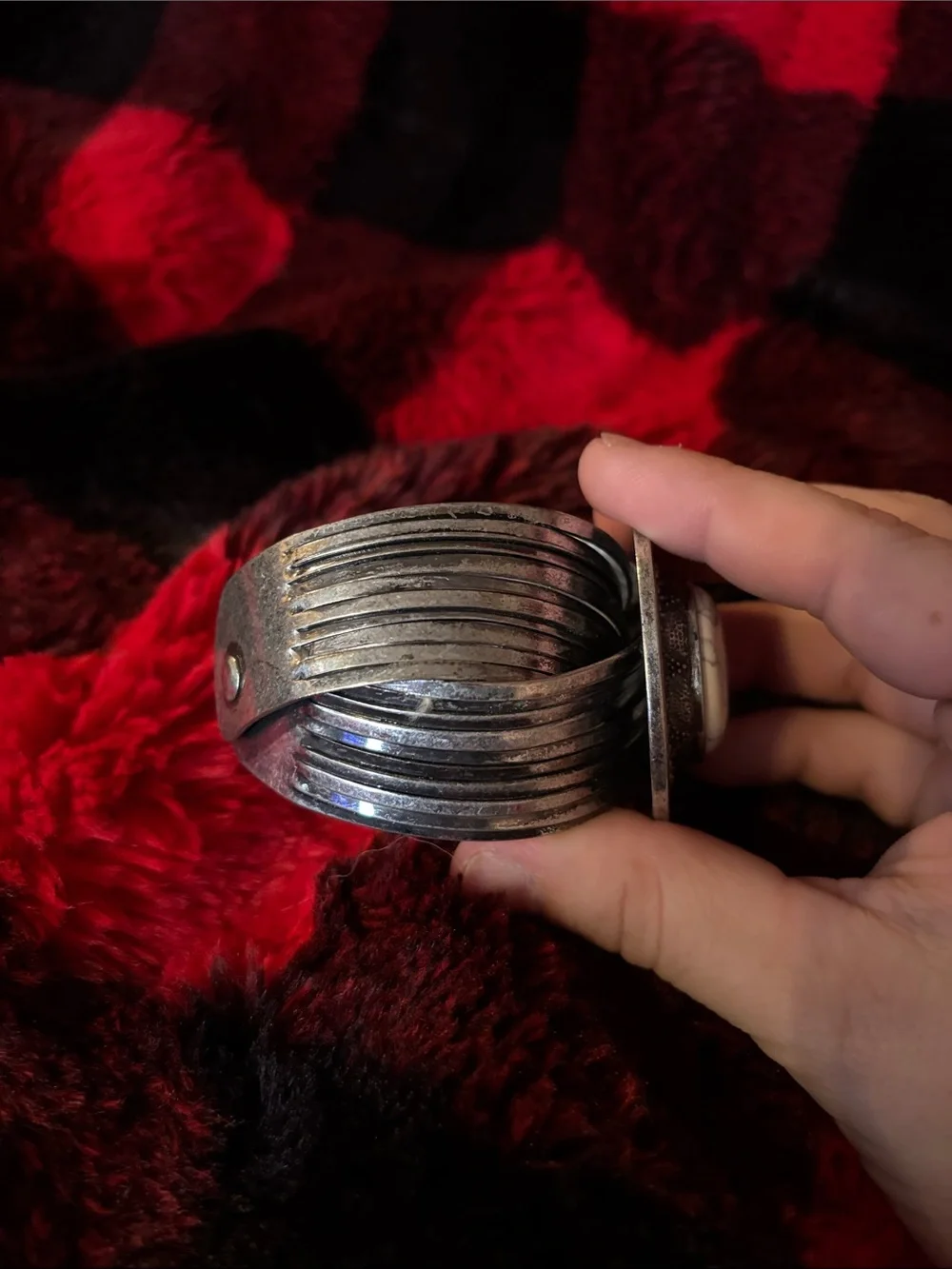 Vintage Southwest style silver tone faux white stone cabochon tribal cuff bangle